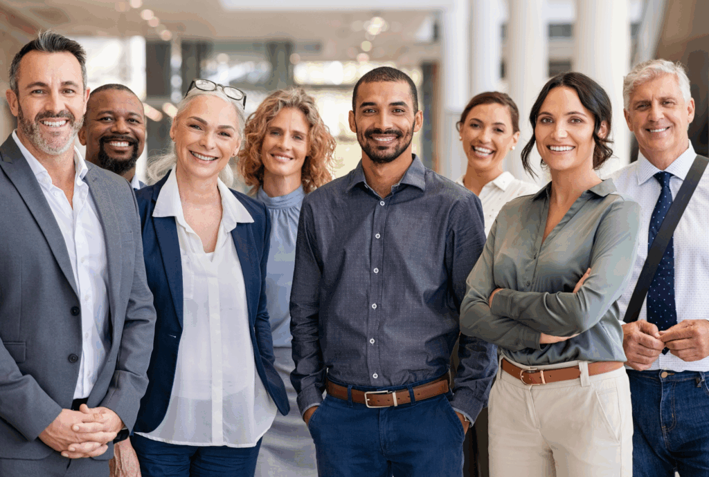 Career page banner image. 8 professionals standing