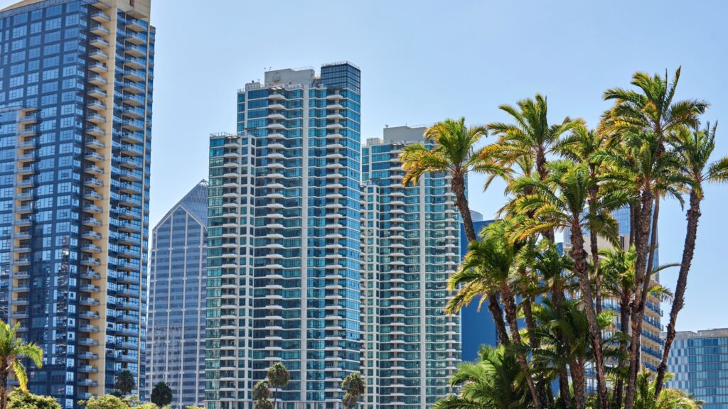 Downtown San Diego condo towers with palm trees